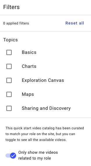 filter menu with toggle to view all videos
