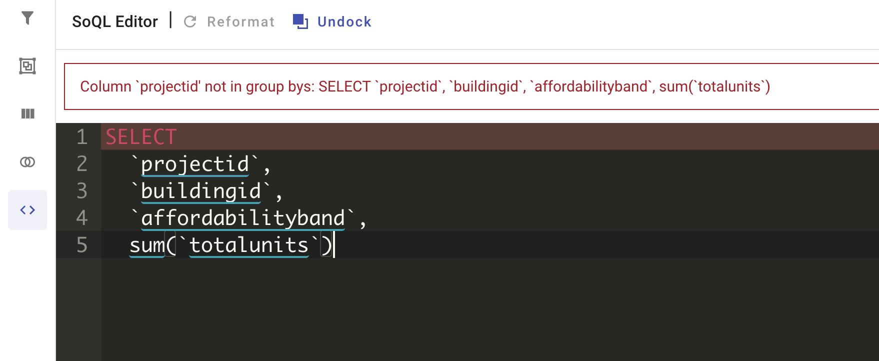 Screenshot of sum function added to column in Soql query editor