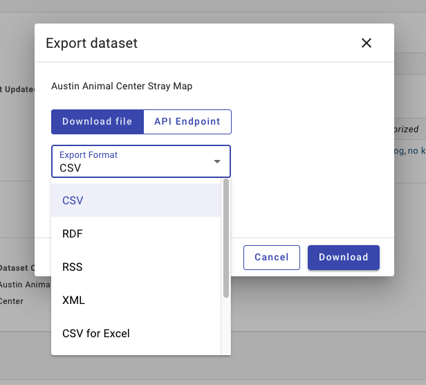 export data options dropdown
