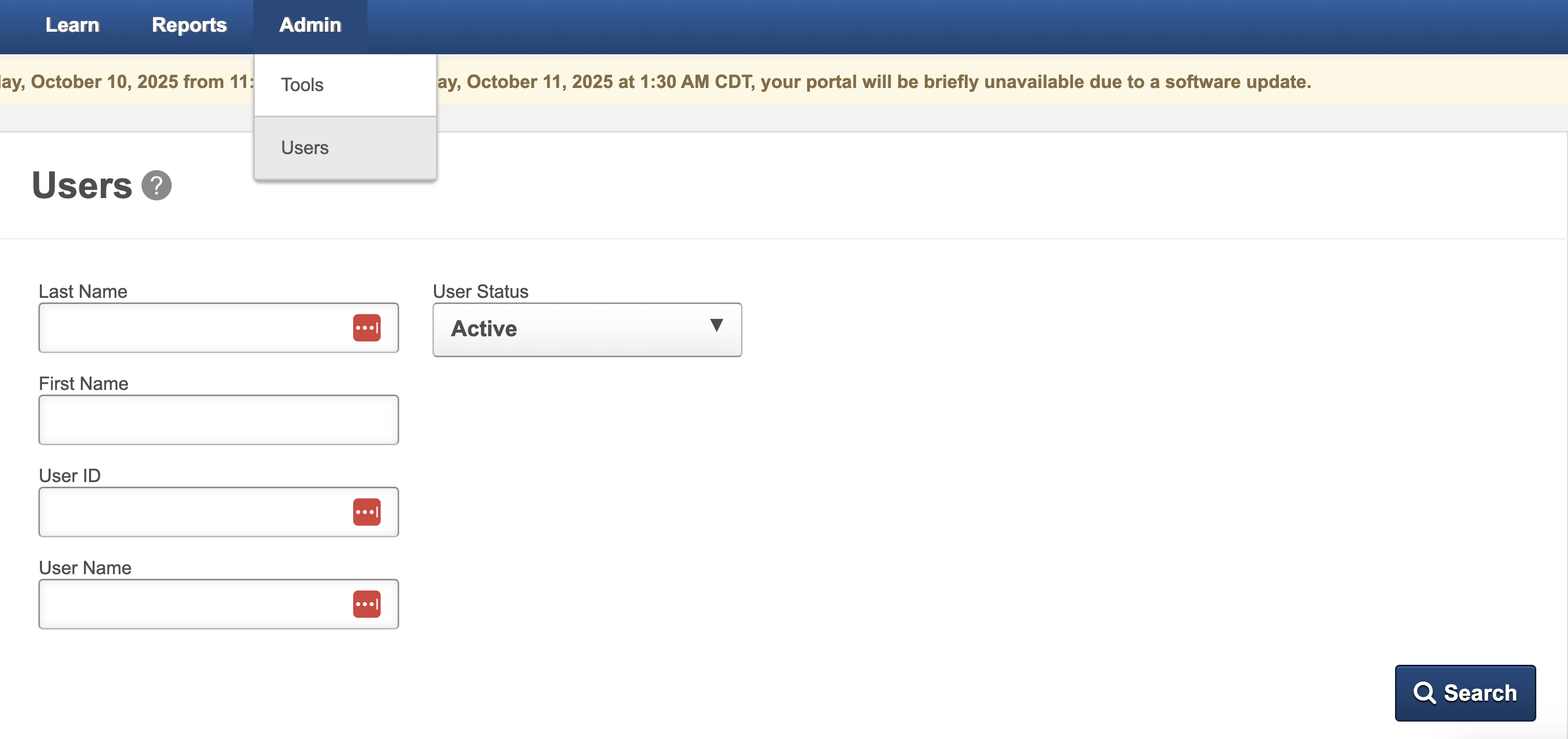 Screenshot of Users page and search button
